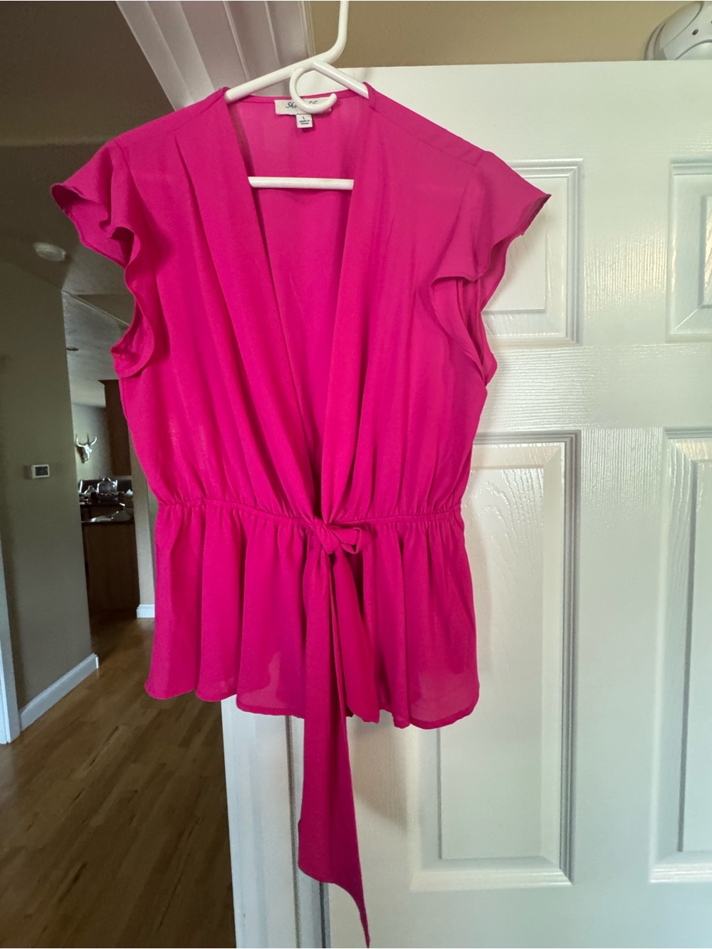 She + Sky Hot Pink Tie-Front Flutter Sleeve Blouse